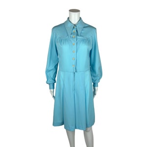 Vintage 70s Blue Dress Womens Medium Long Sleeve Pointed Collar Shirtdress
