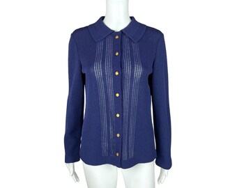 Vintage 60s Navy Cardigan Gold Button Down Pointelle Women's Sweater