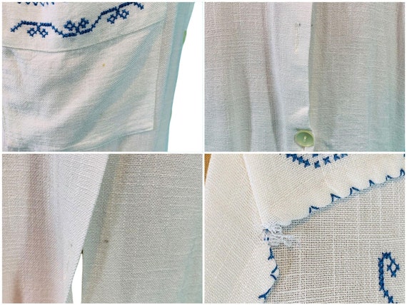 Vintage 1970s Linen Dress Blue White Embroidered … - image 9