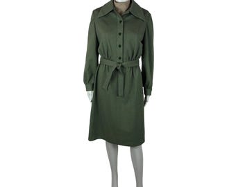 Vintage 70s Dress Set Womens Small Green Houndstooth Knee Length Mockneck Sheath