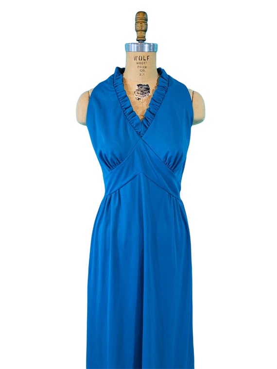 Vintage 1970s Blue Maxi Dress Ruffle Empire Waist… - image 3