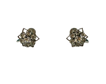 Vintage 1950s Tiny Floral Silver Rhinestone Screw Back Earrings