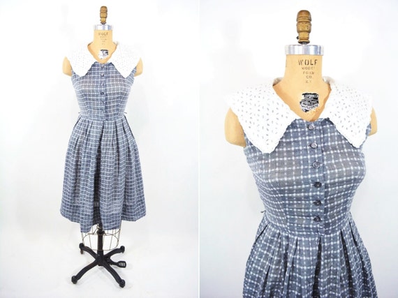 Vintage 1950s Day Dress | Gray Eyelet Collar Nelly