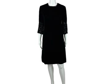 Vintage 60s Velvet Dress Women's Medium Black Mod Cutout Sleeves Shift
