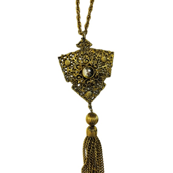 Vintage 70s Long Gold Fringe Necklace Filigree Da… - image 2