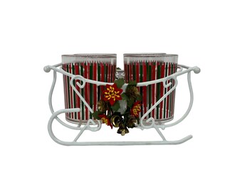 Vintage 1980s Christmas Cups Santa Sleigh Set Red Green Striped Holiday Decor