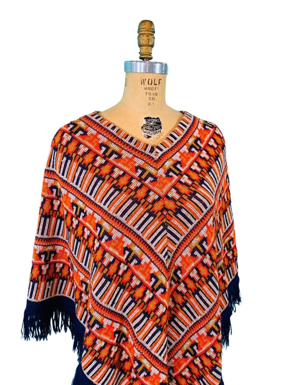 Vintage 1970s Knit Cape Bohemian Navy Ikat Poncho… - image 5