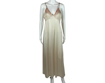 Vintage 80s Lingerie Women's Small Beige Floral Embroidered Negligee Nightgown Glorett