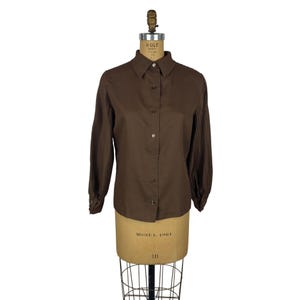 Vintage 70s Brown Shirt Womens Large Pleated Sleeves Button Down Top