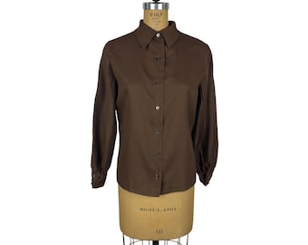 Vintage 70s Brown Shirt Womens Large Pleated Sleeves Button Down Top