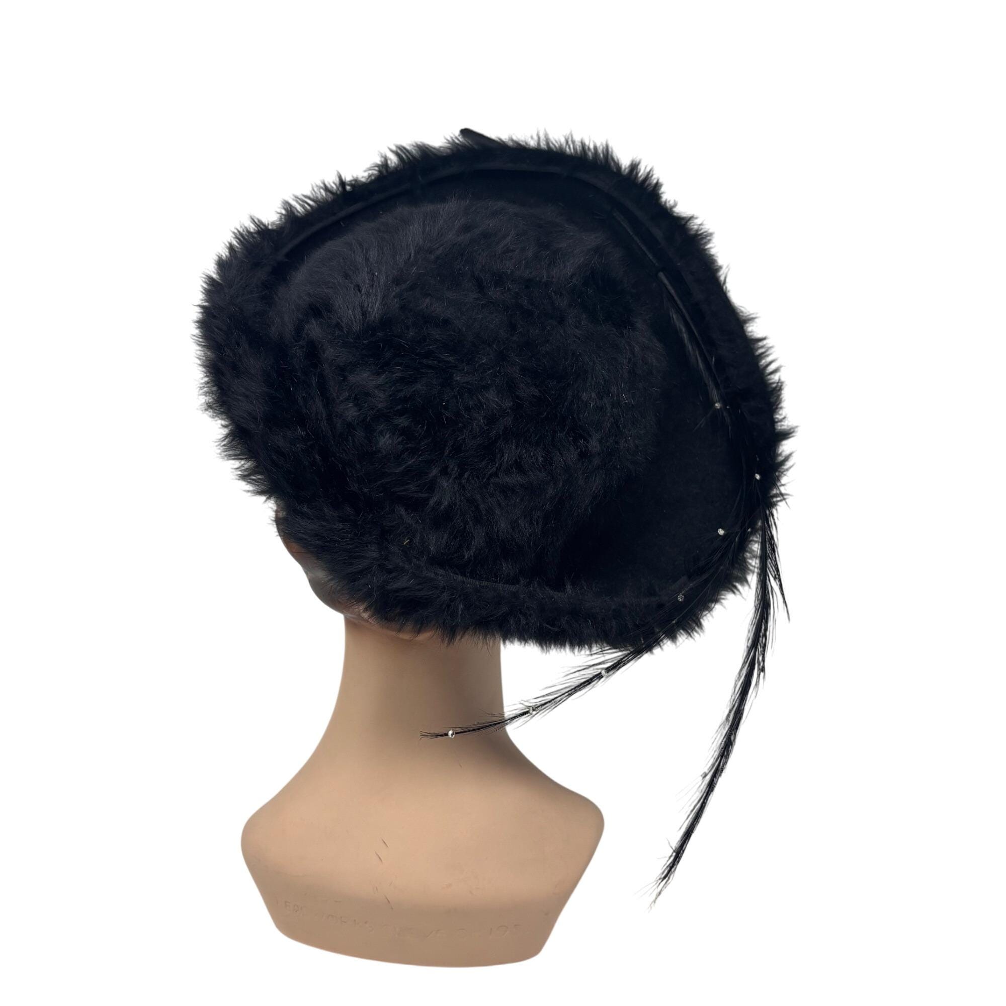 Vintage 50s Faux Fur Hat Black Wide Brim Rhinestone Feather 