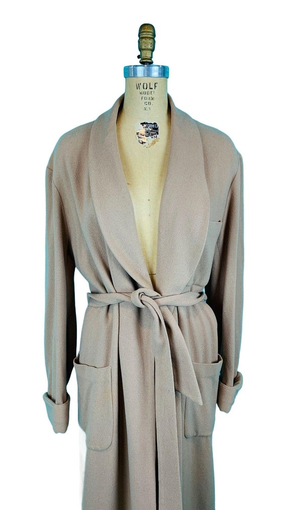 Vintage 1940s Khaki Open Robe Coat Belted Wool Ov… - image 3