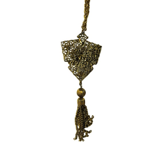 Vintage 70s Long Gold Fringe Necklace Filigree Da… - image 4