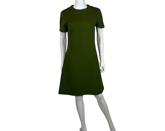 Vintage 60er Jahre Babydoll Kleid Damen Medium Mod Mini Strukturiert Avocado Grün Shift