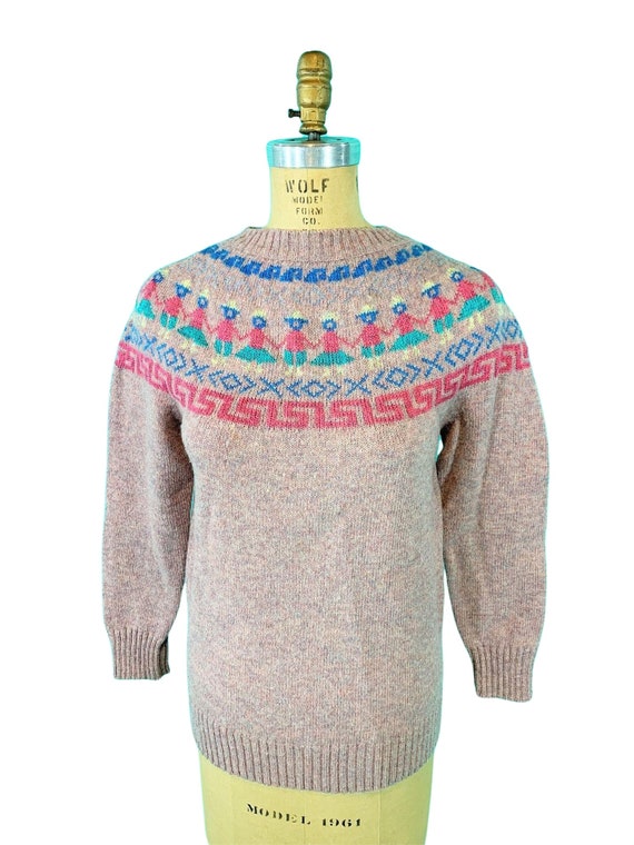 Vintage 1980s Pink Sweater Fair Isle People Metal… - image 6