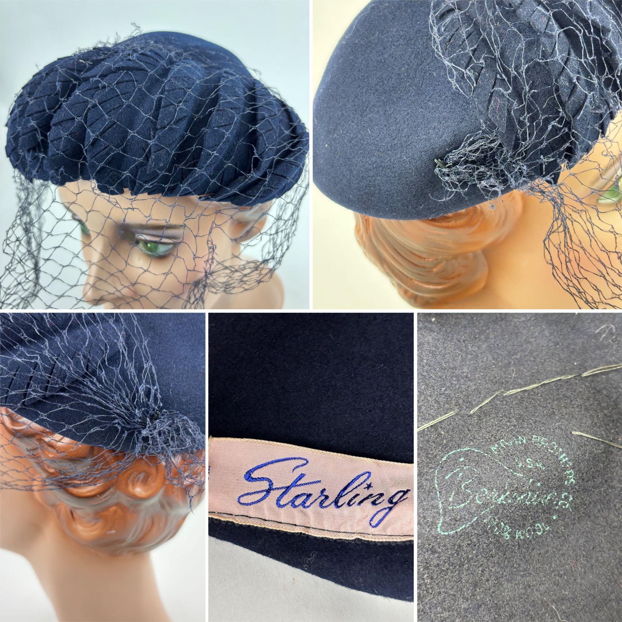 Vintage 50s Navy Hat Blue Veil Wool Scaled Calot Starling Vintage Navy Blue Velvet Hat: 1950s Style Wide Brim With  main image 3