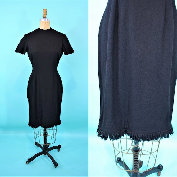 Vintage 1950s Wool Dress | Black Fringe Hem Hourgl