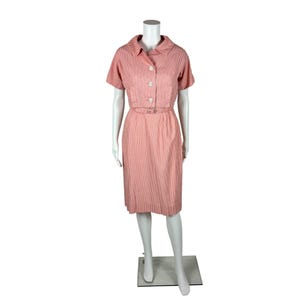 Vintage 50s Striped Dress Women&#39;s XS Pink Seersucker Top Set Outfit Dapper Spring Sheath