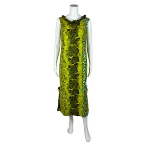 Vintage 70s Hawaiian Dress Women&#39;s Small Tropical Green Blue Hibiscus Print Shift