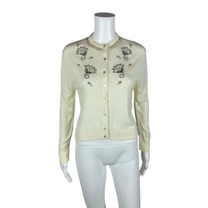 Vintage 60s Beaded Cardigan Women&#39;s Size S Cream Sequin Silver Gold Sweater