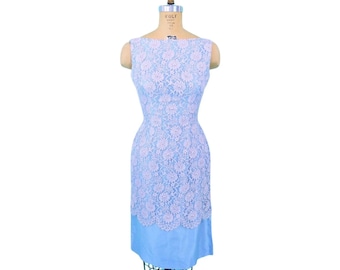 Vintage 50s Lace Sheath Womens Extra Small Pink Blue Cocktail Dress