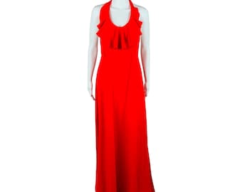 Vintage 1970s Maxi Dress Solid Red Ruffle Neck Halter | W 29&quot;