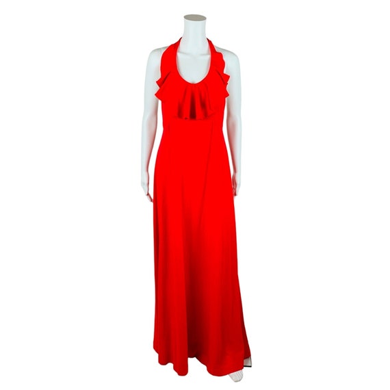 Vintage 1970s Maxi Dress Solid Red Ruffle Neck Ha… - image 2