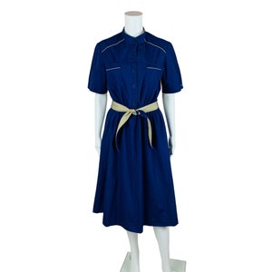 Vintage 1980s Navy Blue Dress Canvas Belted Shirtdress | W 28&quot;+