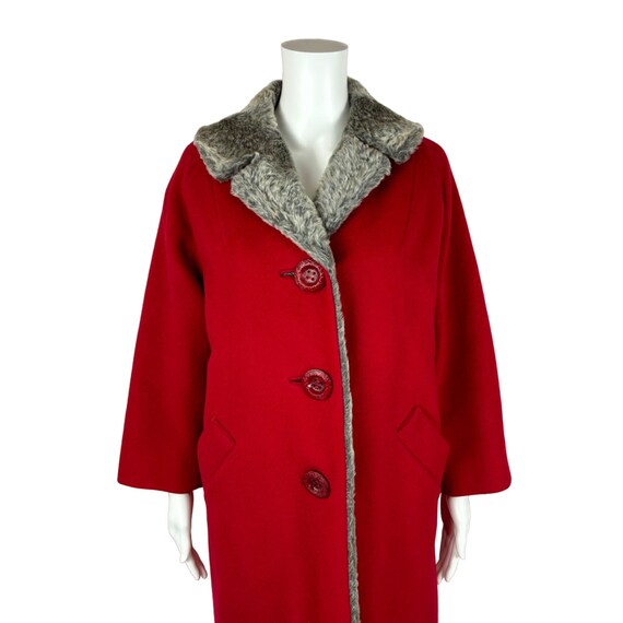 Vintage 50s Coat Cherry Red Gray Faux Fur Collar … - image 2