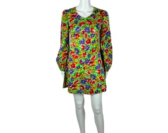 Vintage 70s Mini Dress Womens Small Colorful Lime Green Long Sleeve Babydoll Hippie Maximalist