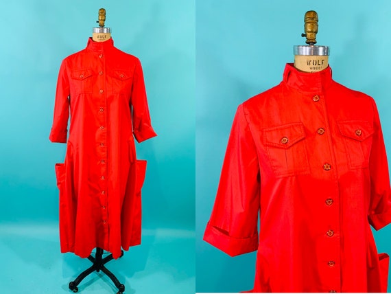 Vintage 1950s Trench Dress | Bright Red Button Up