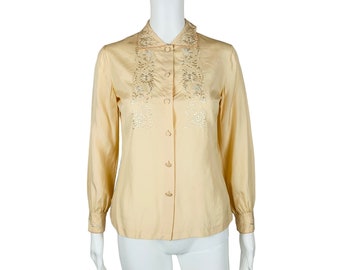 Vintage 1970s Cream Silk Blouse Embroidered Top Peony AS IS | B 35"