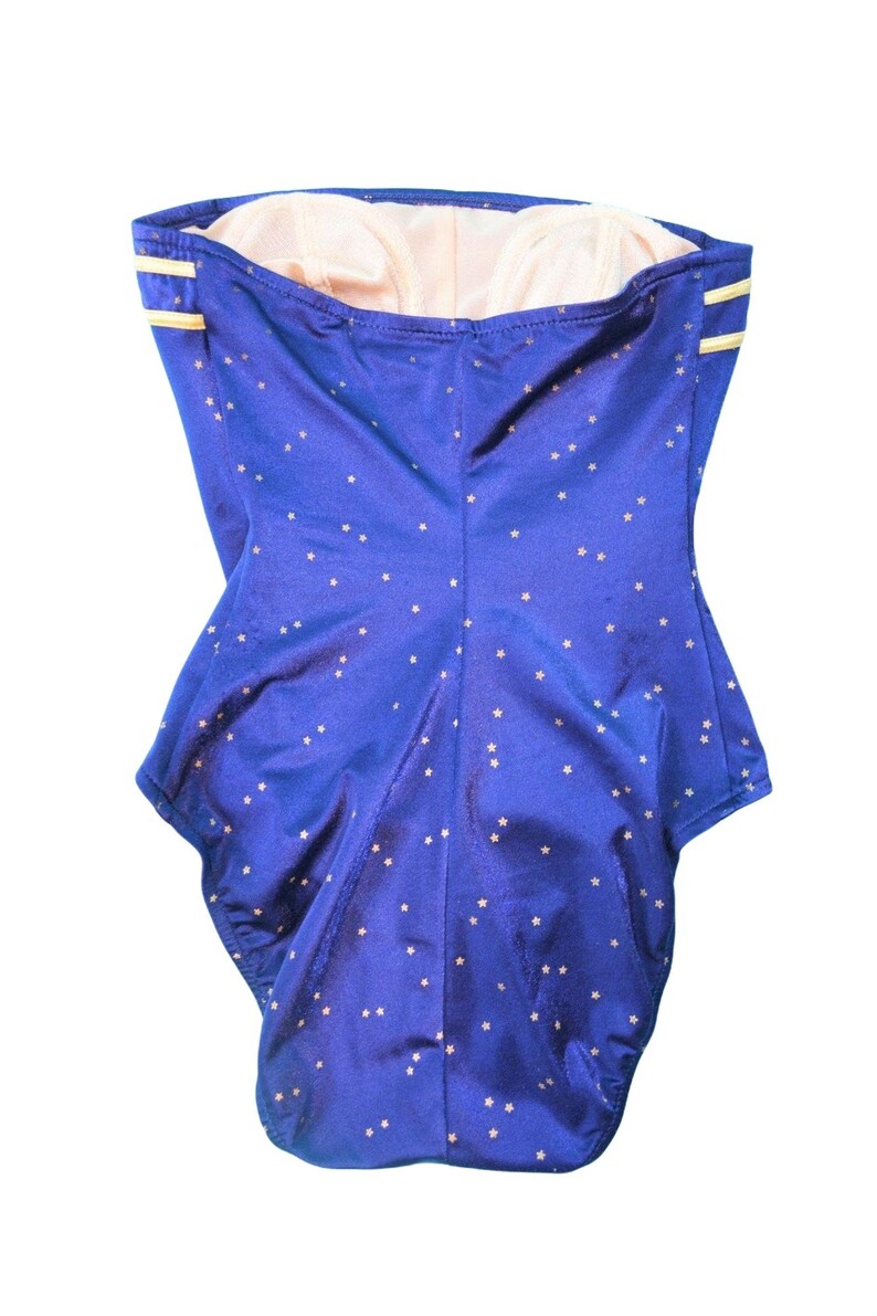 Vintage 90s Star Swimsuit Navy Gold Print Strapless High Cut One Piece Celestial image 6