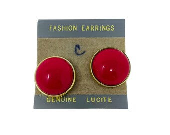 Vintage Hot Pink Gold Circle Lucite Clip Ons Fashion Earrings