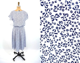 Vintage 1980s Bow Print Dress Navy Blue Novelty Blouson | W 25"+