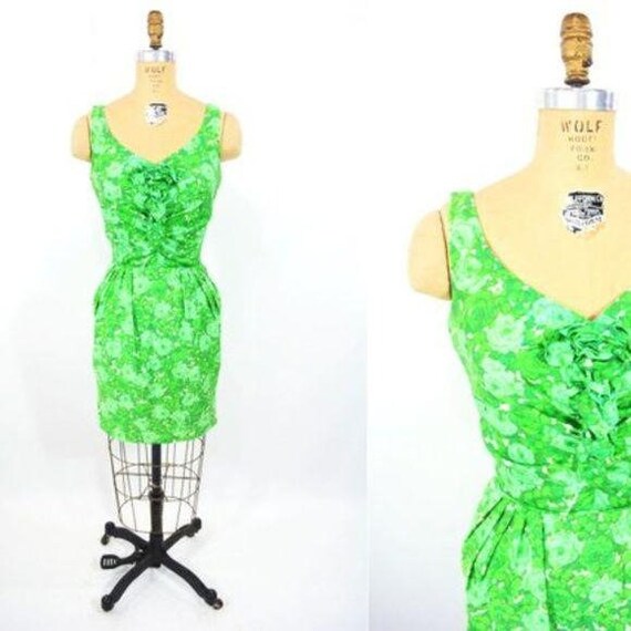 Vintage 1950s Green Dress | Rose Print Cocktail Dr