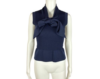 Vintage 70s Necktie Top Women's Small Navy Blue Stretch Peplum Sleeveless Shirt