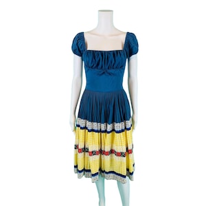 Vintage 50s Prairie Dress Womens Small Blue Gathered Shelf Bust Puff Sleeves
