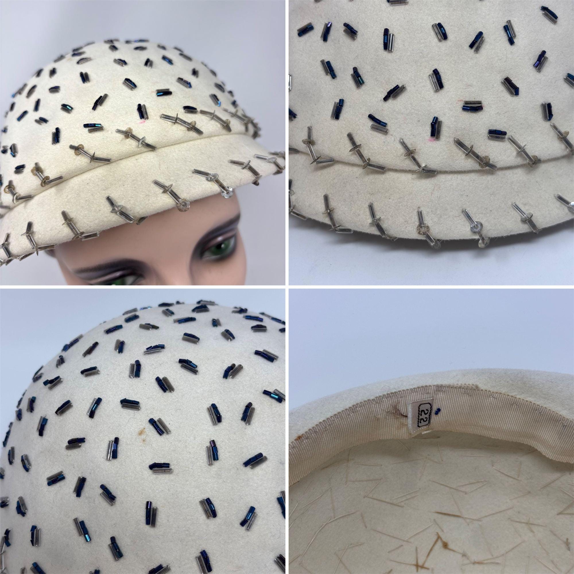 Vintage 1950s Beaded Hat Cream Blue Silver Sequin Cocktail Party Round Cap Vintage 1950s Beaded Hat Cream Blue Silver Sequin Cocktail  main image 4