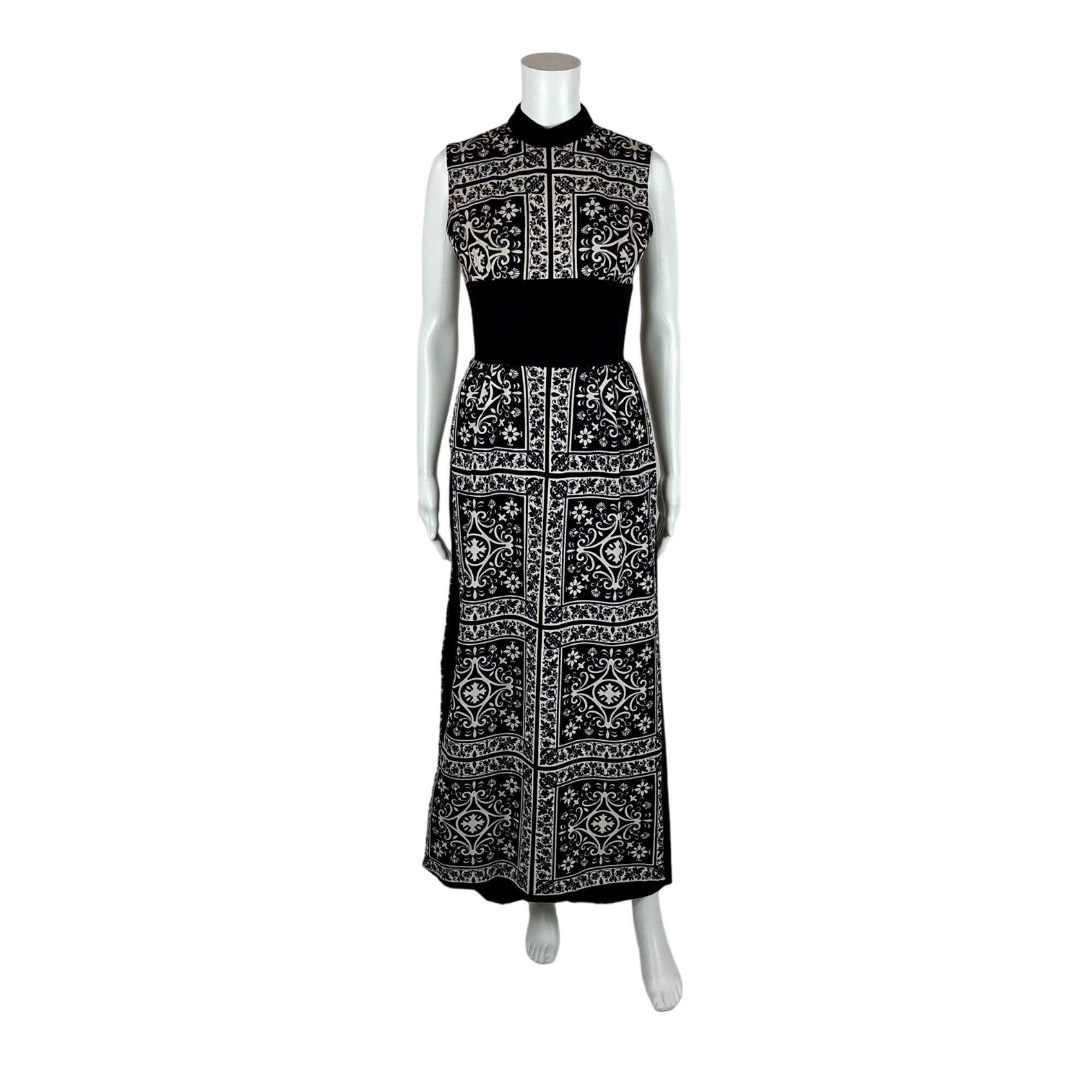 Vintage 60s Floral Jumpsuit Women's XS Filigree Black White Mock Neck One Piece Boho