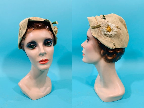 Vintage 1930s Cloche | Cream Linen Daisy Floral Ha