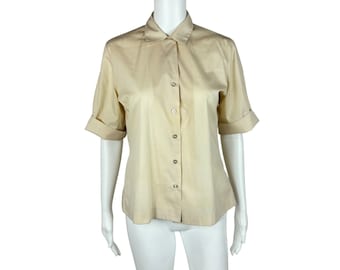 Vintage 70s Blouse Women's Large Classic Solid Cream Cuffed Sleeve Button Up Shirt