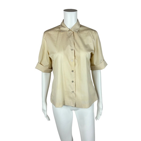 Vintage 70s Blouse Women's Large Classic Solid Cream Cuffed Sleeve Button Up Shirt