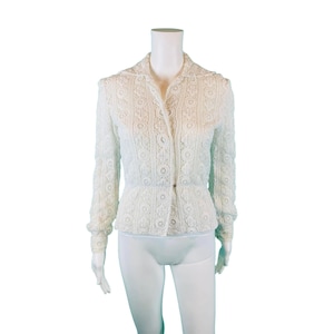 Vintage 50s Lace Blouse Womens Medium White Embroidered Peplum Top