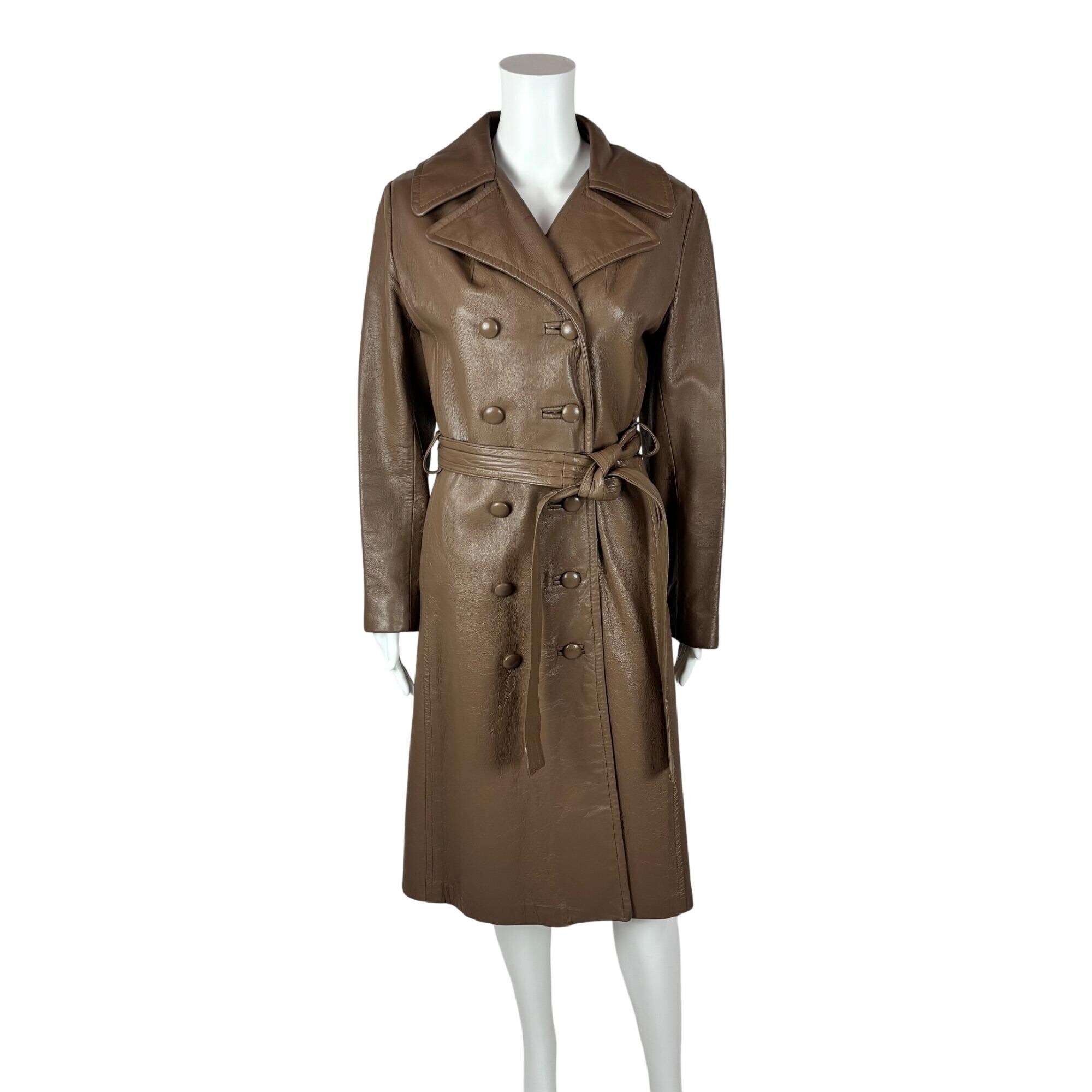 Vintage 70s Leather Trench Women's Extra Extra Small Brown Button
