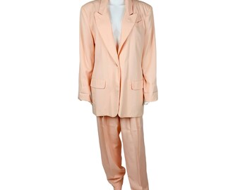 Vintage 90s Suit Set Women&#39;s 14/16 Solid Peach Jacket High Waisted Pants