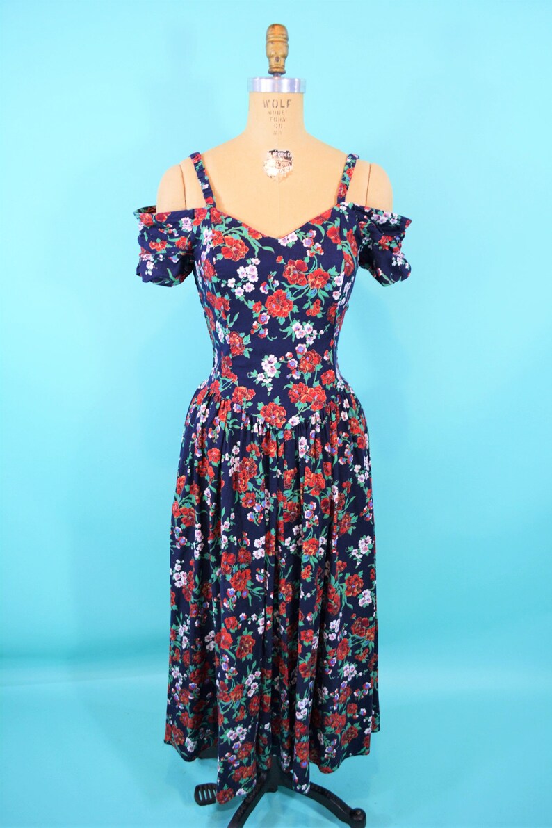 1980s sun dress off shoulder sweetheart neckline floral vintage dress W 24-31 image 2