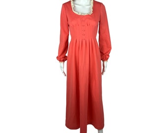 Vintage 70er Jahre Maxi Kleid Damen Extra Small Boho U-Ausschnitt Pfirsich Rosa Prairie
