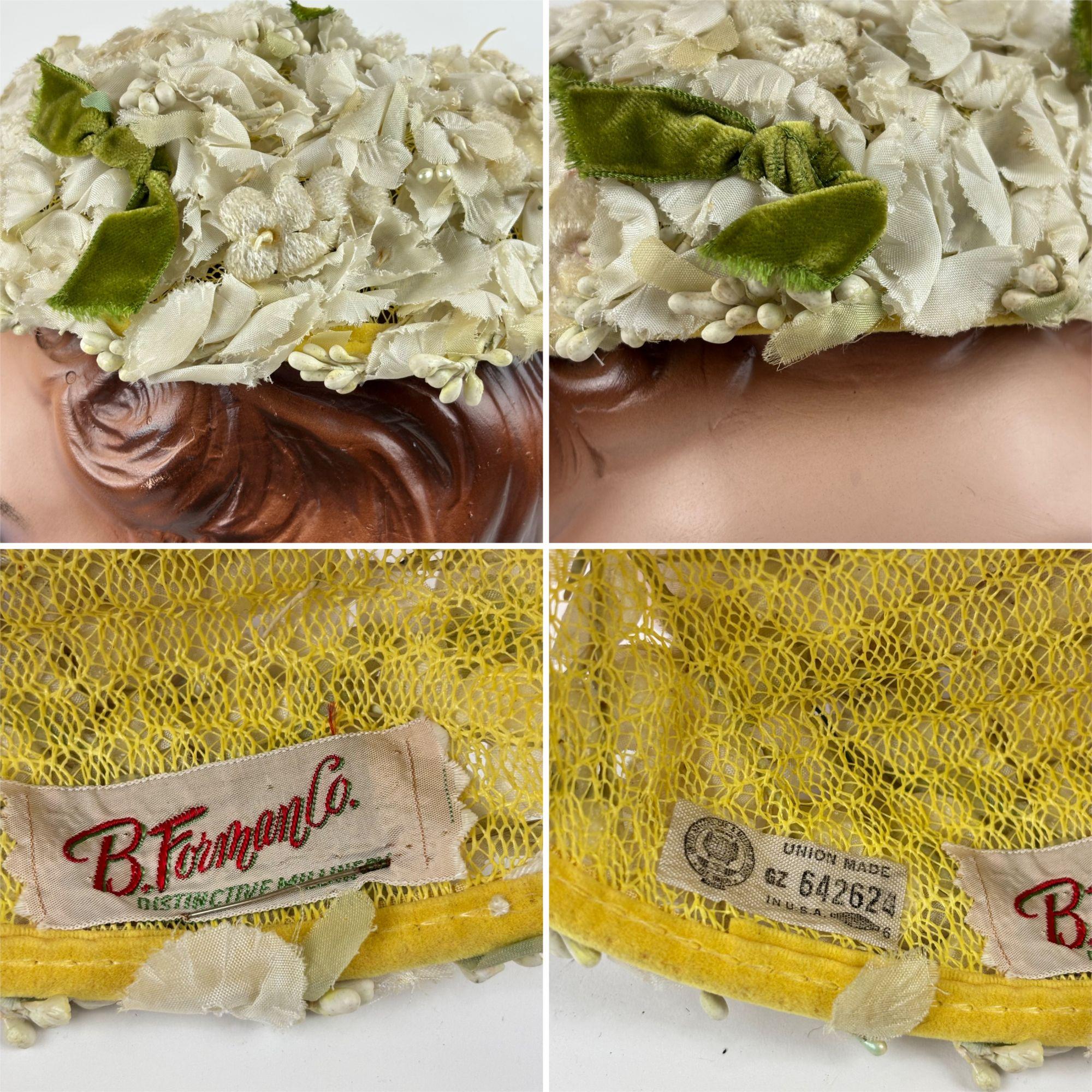 Vintage 50s Floral Hat White Green Bows Formal Round Pillbox B. Forman Vintage 50s Floral Hat White Green Bows Formal Round Pillbox  main image 3