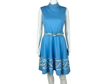 Vintage 60s Mini Dress Women's Small Blue Swirl Trim Mockneck Belted Mod